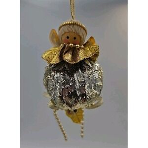 Vintage Handmade Wooden Head Angel Christmas Ornament Gold & Silver Fabric Lot 8